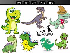 various cartoon dinosaurs with hats on their heads