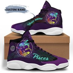 personalized pisces zodiac sign men women high top sneakers, handmade shoes, custom name casual shoes, gift for him, gift for her Each of our Shoes is custom handmade with a premium rubber outsole for traction and exceptional durability. High Quality 3D Printing 100% Vegan leather Memory EVA insole for maximum comfort Robust and flexible rubber outsole Please allow 5-7 days production time Please Note this is not Brand Nike or Adidas Shoes,This is handmade similar sneakers made by our factory. W Personalized Sneakers, Jordan 13 Shoes, March Birthday, Birthday Personalized, Personalized Shoes, July Birthday, Jordan 13, Pisces Zodiac, Personalized Birthday Gifts