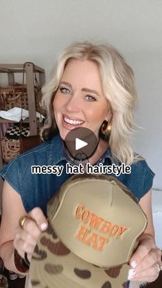 51K views · 5.6K reactions | This messy hat 🤠🧢 hairstyle I’ve shared before but it’s just too good not to share again! 
Comment “SHOP” & I’ll send you 🔗’s to my jewelry, hat and outfit!! 🫶🏼

Do you love a good hat hairstyle? I know I do especially when it’s so hot! 🥵 This is a fun one for all the summer things + starting back to school for us moms with the our kiddos sports! 🏐🏈📣

✨Earrings @shopbeljoy save with code MANDIE25
✨Hat & cuff bracelet @threebirdnest save with code MANDIE 

Hat hairstyle, hair tutorial, messy hairstyle, messy hair, trucker hat, summer hairstyle, hat hairstyle, dirty hairstyle, easy hairstyle, simple hairstyle, cuff bracelet, cropped denim shirt, chunky earrings, choker necklace | ᴍᴀɴᴅɪᴇ ᴍᴀᴜʟᴅɪɴ ☻ ᴏᴠᴇʀ 40 ᴄᴀsᴜᴀʟ sᴛʏʟᴇ | Blanco Brown · The Git Up Messy Bun With Hat Tutorial, Short Hair Trucker Hat Hairstyles, Updos With Hats, How To Wear A Trucker Hat Women, Short Hair With Hat Baseball, Baseball Hat Hairstyles Medium, Hair Styles With A Hat, Short Hair Baseball Cap Style, Hat Hairstyles Medium Length