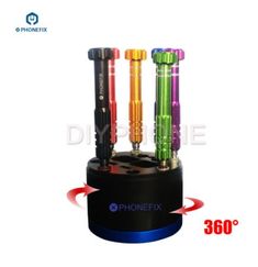 three different colored flashlights on top of a black stand with an arrow pointing to the bottom