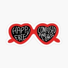 two heart shaped stickers with the words happy free and confused