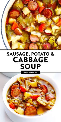 sausage, leek and cabbage soup in a white bowl with the title above it