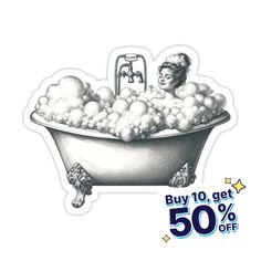 a sticker with an image of a woman in a bathtub filled with bubbles