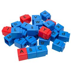 blue and red blocks with letters on them