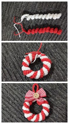 crochet christmas wreaths made with yarn and twine are shown in three different ways