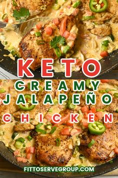 keto creamy jalapeno chicken in a skillet with the title above it