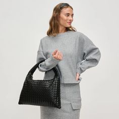 Vegan Leather Woven Hobo 9.625” L x 3.125” W x 5.75” H Graphic Print Top, Exterior Details, Hobo Style, Leather Weaving, Woven Design, Loungewear Sets, Woven Bag, Sleeveless Sweater, Leather Hobo