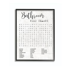 a bathroom word search print with the words in black and white, on a white background