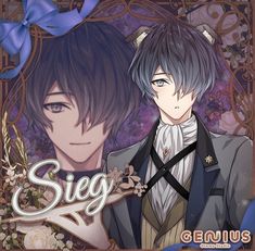 two anime characters are standing next to each other in front of an ornate frame with the word siggy genius written on it