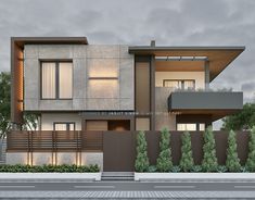 an architectural rendering of a two story house on the corner of a street with trees and bushes