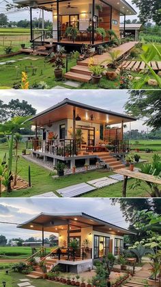 three different views of a small house in the grass