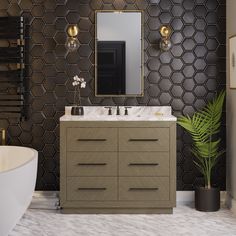 a bathroom with a sink, mirror and bathtub