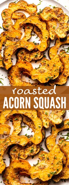 roasted acorn squash on a white plate with the title above it and an image of cooked acorn squash