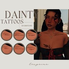 an animated image of a woman with tattoos on her chest and six other images in the background