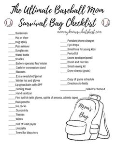 the ultimate baseball mom survival bag checklist is shown in black and white with an image of