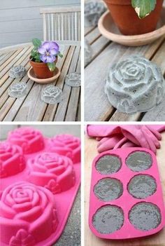 there are four different pictures with flowers in the middle and on the bottom one is a cupcake pan