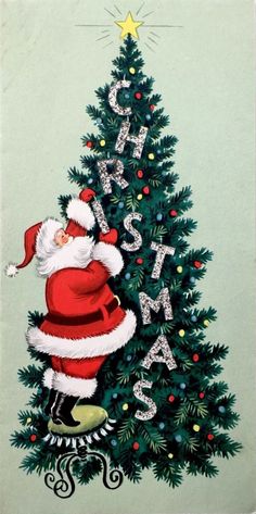 an old fashioned christmas card with santa claus standing next to a tree and the words happy new year written on it