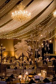 a banquet hall with chandeliers and tables