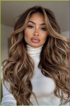 This hairstyle blends warm honey highlights with rich brown tones, creating a luminous and luxurious effect. The voluminous curls add texture and depth, making the highlights pop even more. It’s ideal for brunettes who want to elevate their look with a sunlit glow.Perfect for both casual outings and glam events, the soft curls frame the face beautifully, enhancing natural features. This style whispers sophistication while shouting, “I know good hair!” Balyage Long Hair, Tan Skin Blonde Hair, Bronde Balayage, Hair With Highlights