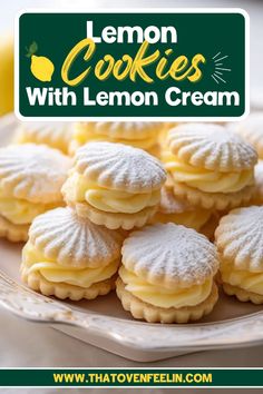 lemon cookies with lemon cream are on a white plate and there is a green sign that says lemon cookies with lemon cream