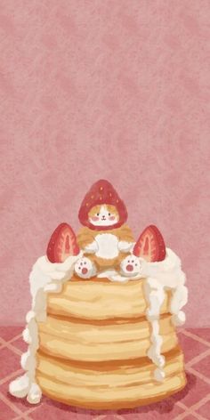 a drawing of a stack of pancakes with strawberries and a teddy bear on top