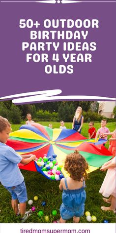 kids playing in the grass with an umbrella and other toys for birthday party ideas that are easy to make