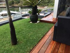 there is a potted plant sitting on the grass by the decking and water in the background