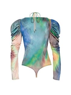 The Coppelia bodysuit in multi watercolor offers a romantic silhouette with statement sleeves. A plunging neckline with a cutout front and halter styling give this style on-trend versatility. Romantic Silhouette, Statement Sleeves, Halter Style, Ladies Boutique, A Romantic, Plunging Neckline, Affordable Fashion, Sunnies