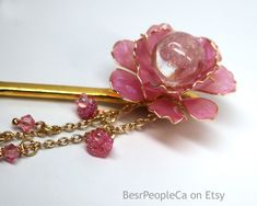 Handmade Hair Pin or Japanese Resin Kanzashi. This hairpin is absolutely unique. The hairpin flower made from gold tone wire and synthetic resin, hand-painted to tender pink color. In the center is handmade crystal ball with glass bubbles inside. The piece is completed with pink sparkling glass beads and Swarovski crystals. Iridescent drops provide the special accent to the look.  The flower look very delicate however durable enough for everyday wearing. The chain length is 13 cm (5 inch). The f Japanese Hairpin Kanzashi Flowers, Japanese Hairpin, Hairpiece Wedding, Pink Flower Hair, Tsumami Kanzashi, Handmade Hairpin, Gold Hair Pin, Pink Foil, Kanzashi Flowers