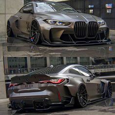 the front and side view of a silver sports car