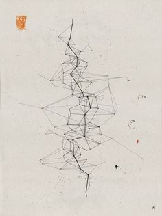 an abstract drawing with lines and dots in the middle, against a white sky background