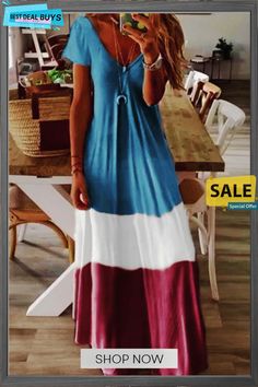 Color-block V-neck Short Sleeves A-line Holiday Maxi Dress White V-neck Dress With Splicing, Spring V-neck Spliced Dress, Casual V-neck Splicing Dress, Casual V-neck Dress With Splicing, Spring V-neck Splicing Dress, Spring V-neck Patchwork Maxi Dress, V-neck Splicing Beach Dress, V-neck Dresses With Contrast Color, V-neck Splicing Dress For Beach