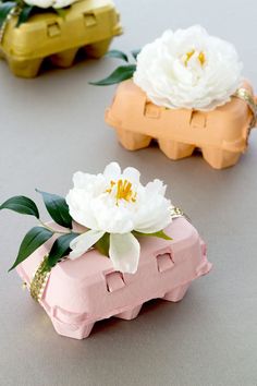 three flower shaped objects sitting on top of a gray surface with leaves and flowers in them