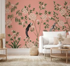 a living room with floral wallpaper and two birds