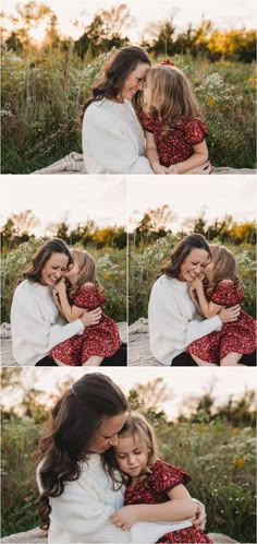 mother and daughter hugging each other while sitting on the ground in front of some tall grass