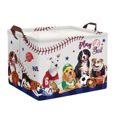 a baseball themed storage box with dogs on it