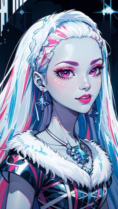 an illustration of a girl with long white hair and pink eyes wearing fur collars