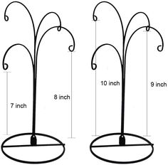 three black metal plant stands with four different sizes and measurements for each type of plant