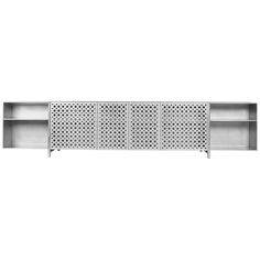 a metal shelf with holes on the side and shelves below it, in front of a white background