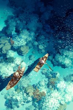 two people in canoes paddling through the blue water with coral reefs around them