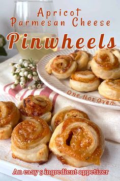 an advertisement for apricot parmesan cheese pinwheels on a table