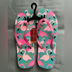 Brand New With Tags! Cute Blue Background With Flamingos, Perfect For Vacay!! Pink Tropical Style Flip Flops With Round Toe, Pink Casual Flip Flops For Vacation, Pink Tropical Sandals For Spring, Cute Blue Background, Blue Background, Blue Backgrounds, Women's Shoes Sandals, Flamingo, Flip Flops