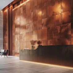 an elegant lobby with modern furniture and large copper tiles on the wall, along with floor to ceiling windows