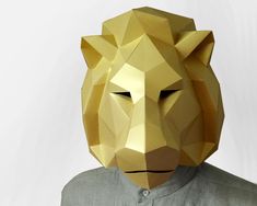 a person wearing a paper mask with a lion's head on top of it