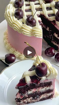 a slice of cake with cherries on it