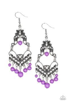 Infused with hints of glittery white rhinestones, dotted silver filigree swirls into a decorative frame. Polished purple beads swing from the bottom and top of the ornate frame, adding colorful movement to the whimsical piece. Earring attaches to a standard fishhook fitting. Sold as one pair of earrings. Gift Ide, Nickel Free Jewelry, Purple Beads, Decorative Frame, Spring Accessories, Jewelry Catalog, Purple Earrings, Ornate Frame, Exclusive Jewelry