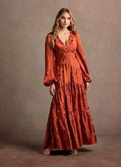 Melissa Rust Long Sleeve Maxi Dress | Azazie Fall V-neck Dress With Fitted Bodice, V-neck Dress With Fitted Bodice For Fall, Flowy V-neck Maxi Dress For Gala, Elegant Flowy V-neck Dress For Fall, V-neck Midi Dress For Fall Wedding, V-neck Fitted Bodice Dress For Wedding Guest, V-neck Dress With Fitted Bodice For Wedding Guest, Fall Wedding V-neck Midi Dress, Cocktail Maxi Dress With Fitted Bodice And V-neck