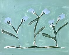 a painting of three flowers on a green background