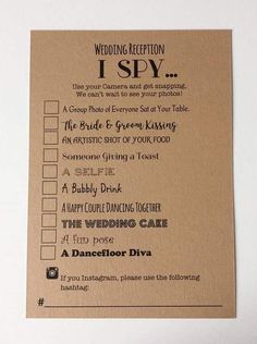 a wedding reception checklist is displayed on a table with the words i spy written in it