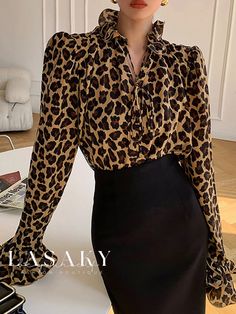 Lasaky - Refined Leopard Print Flouncing Blouse with Regular Fit Stand Collar Blouse, Leopard Blouse, Pleated Shirt, Fitted Blouses, Sleeves Clothing, Leopard Print Blouse, Ruffled Sleeves, Collar Blouse, Print Blouse